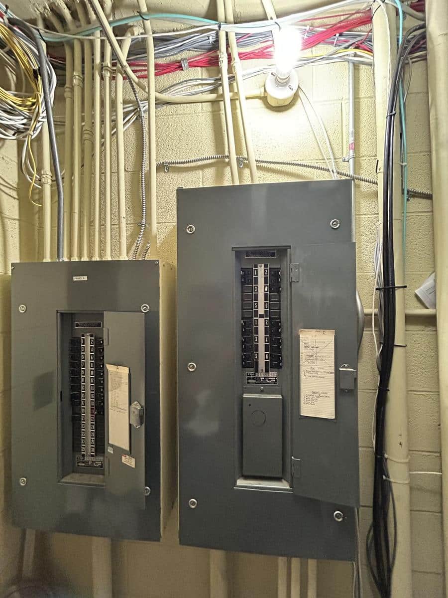 Two Federal Pacific panels in a commercial building before replacement