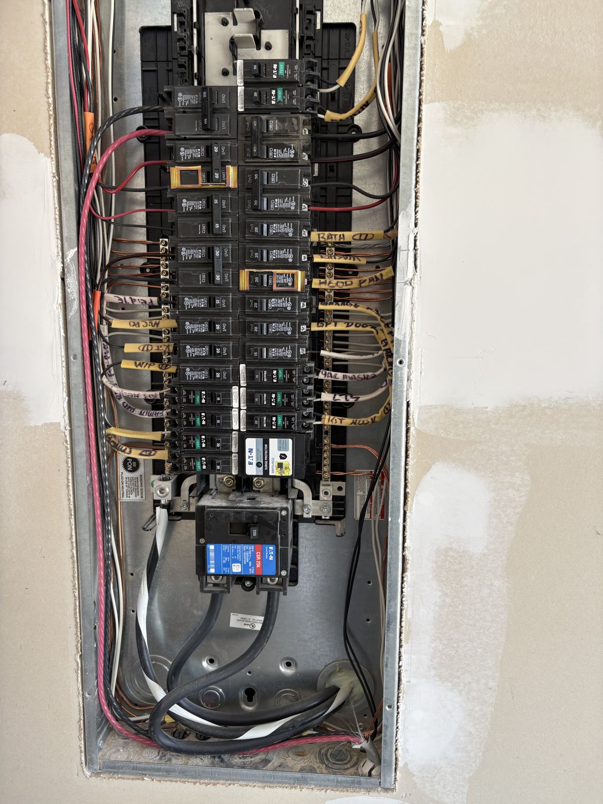 Close-up of the panel with the new EV charger circuit wired in