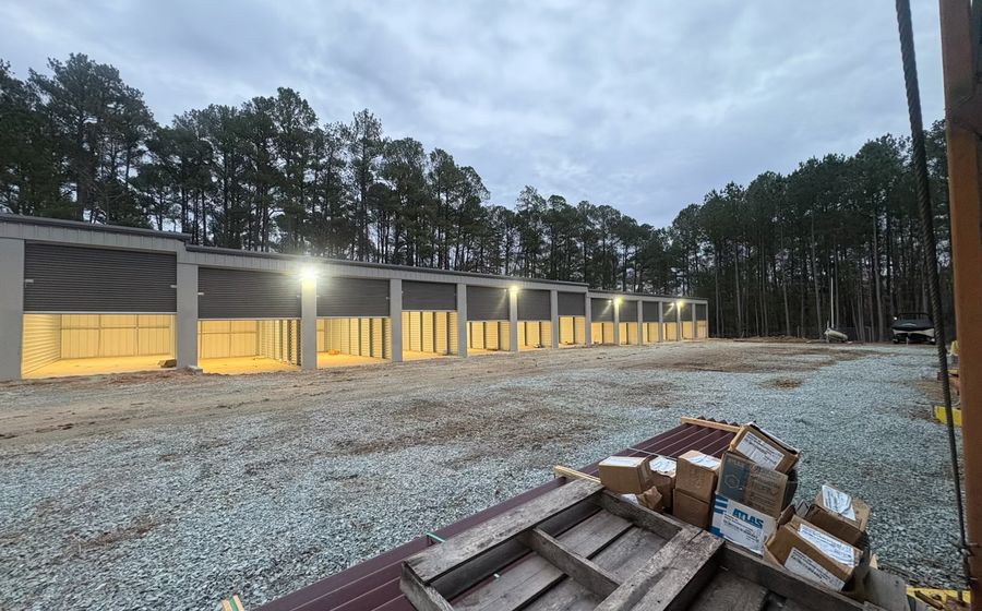 Parking lot pole lighting at a self-storage facility installed by ARC Electric