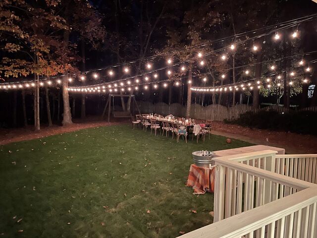 Bistro string lights over a backyard dinner table