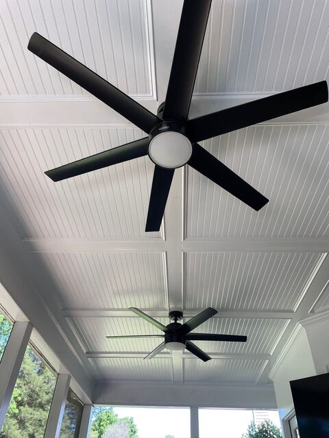 Porch ceiling fan on a beadboard ceiling