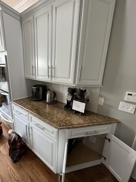 Under-cabinet LED lighting over a coffee bar